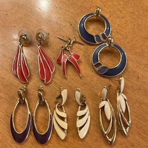 Set of 6 vintage Trifari dangle drop pierced earrings red blue purple cream